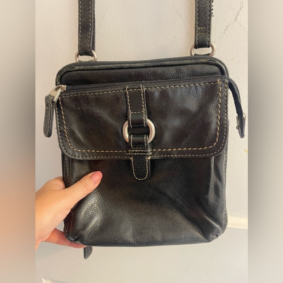 FOSSIL Early Vintage Small Black Leather Shoulder Crossbody Organizer Bag - Picture 4 of 11